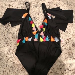 One Piece Plunge Tassel Swimsuit-Never Worn